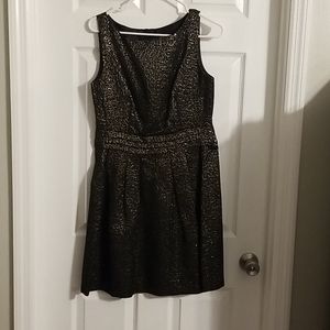 Gold and black sleeveless dress.